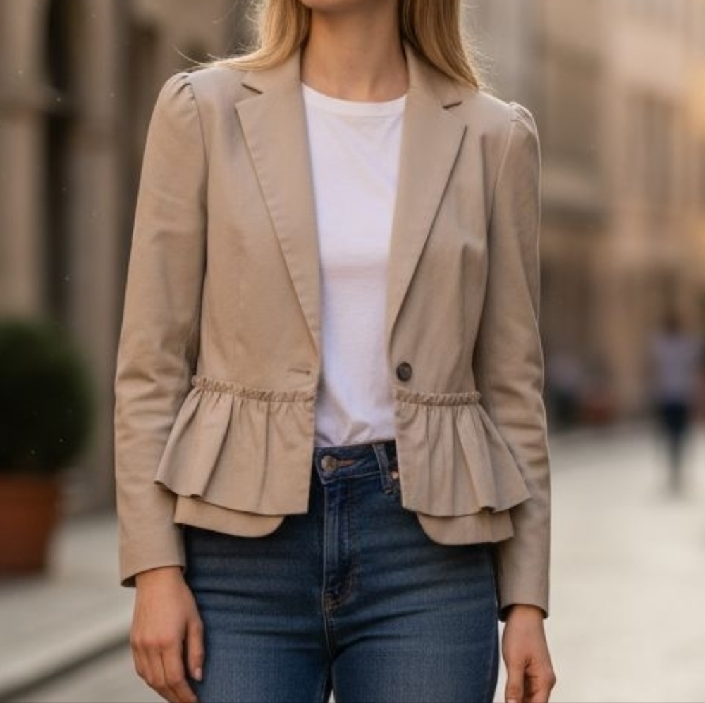 LOFT Tan Ruffle Hem Blazer - Size 6 - Peplum Style Career Jacket - Picture 2 of 10